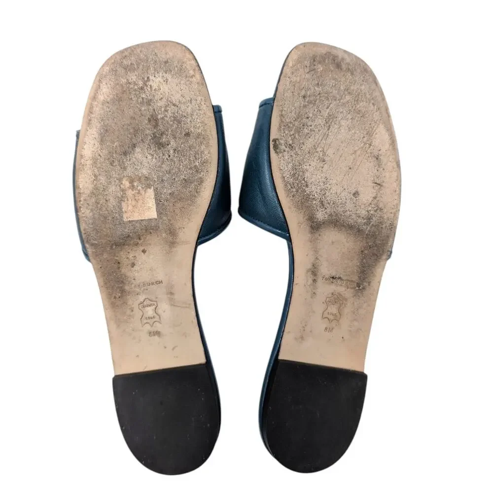 Tory Burch Eleanor Sandals Brisk Blue Leather Slides Logo‎ Size 8